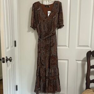 Ralph Lauren Brown Paisley Tiered Wrap-Style Maxi Dress